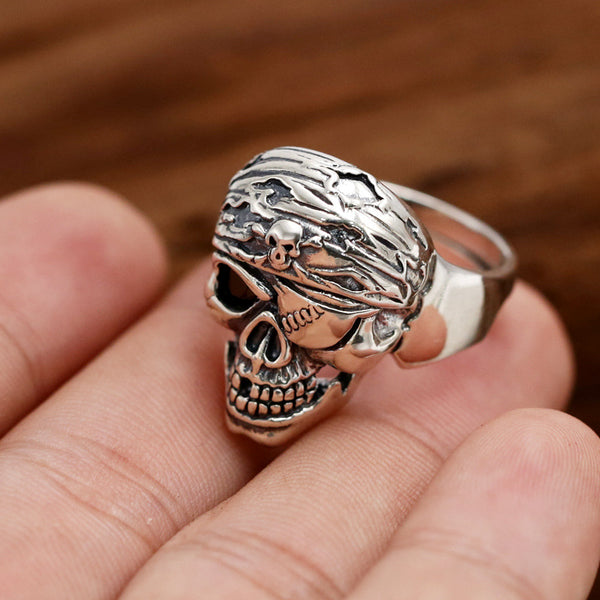 S925 Sterling Silver Jewelry Punk Style Retro Thai Silver Pirate Skull Ring - Jewelry Core