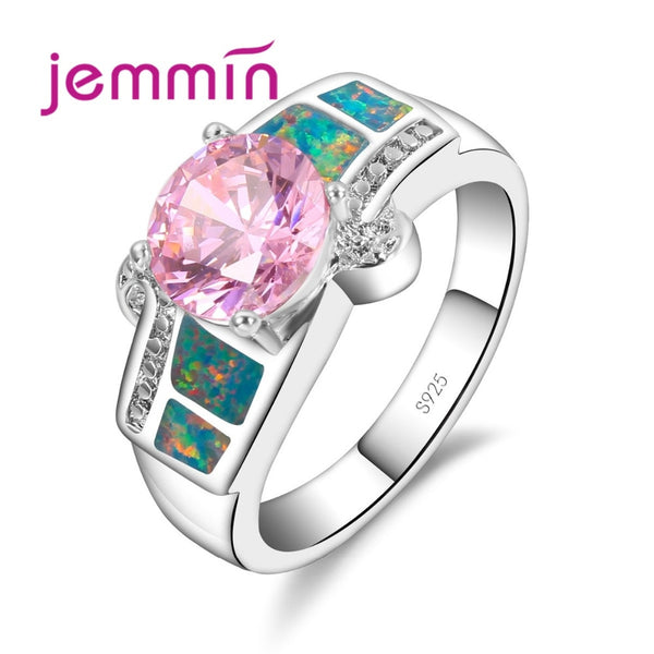 Geometric Blue Fire Opal Ring 925 Sterling Silver Pink CZ - Jewelry Core